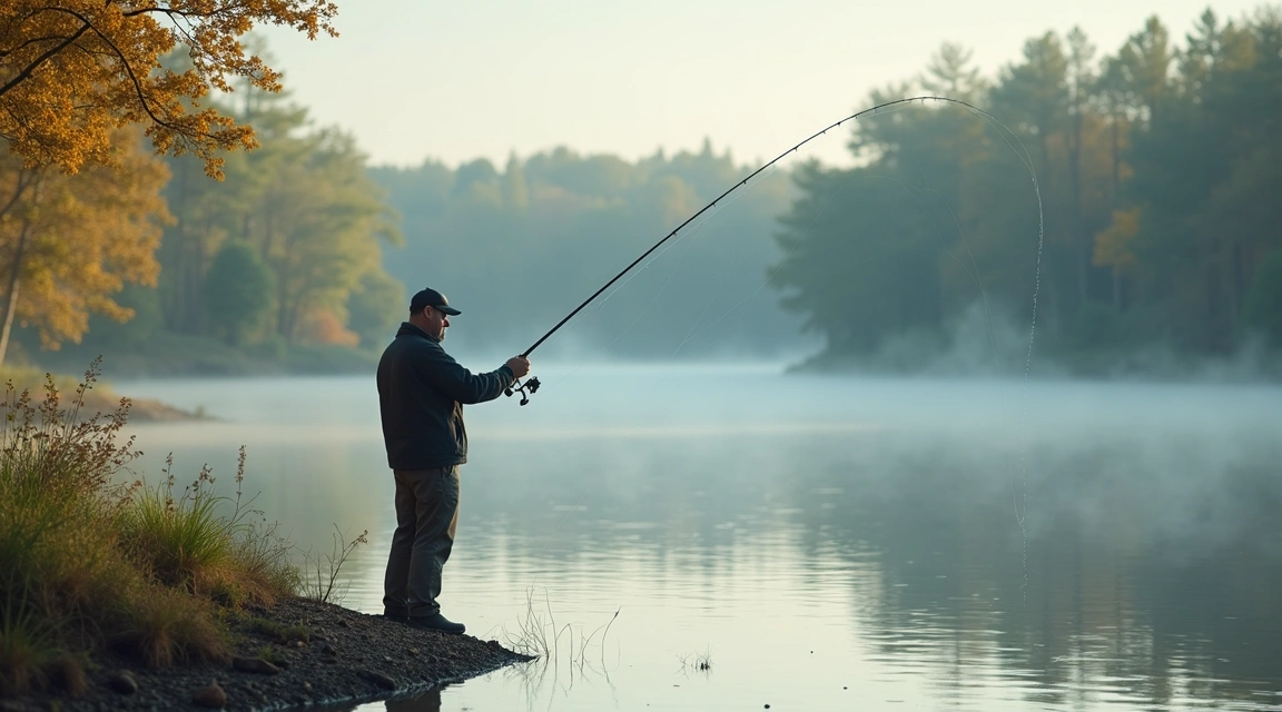 Angler casting from a lake shore